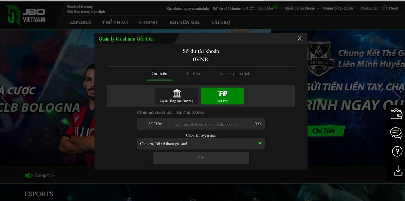 Nạp tiền JBO có 2 cách: nạp qua tài khoản ngân hàng và Fastpay